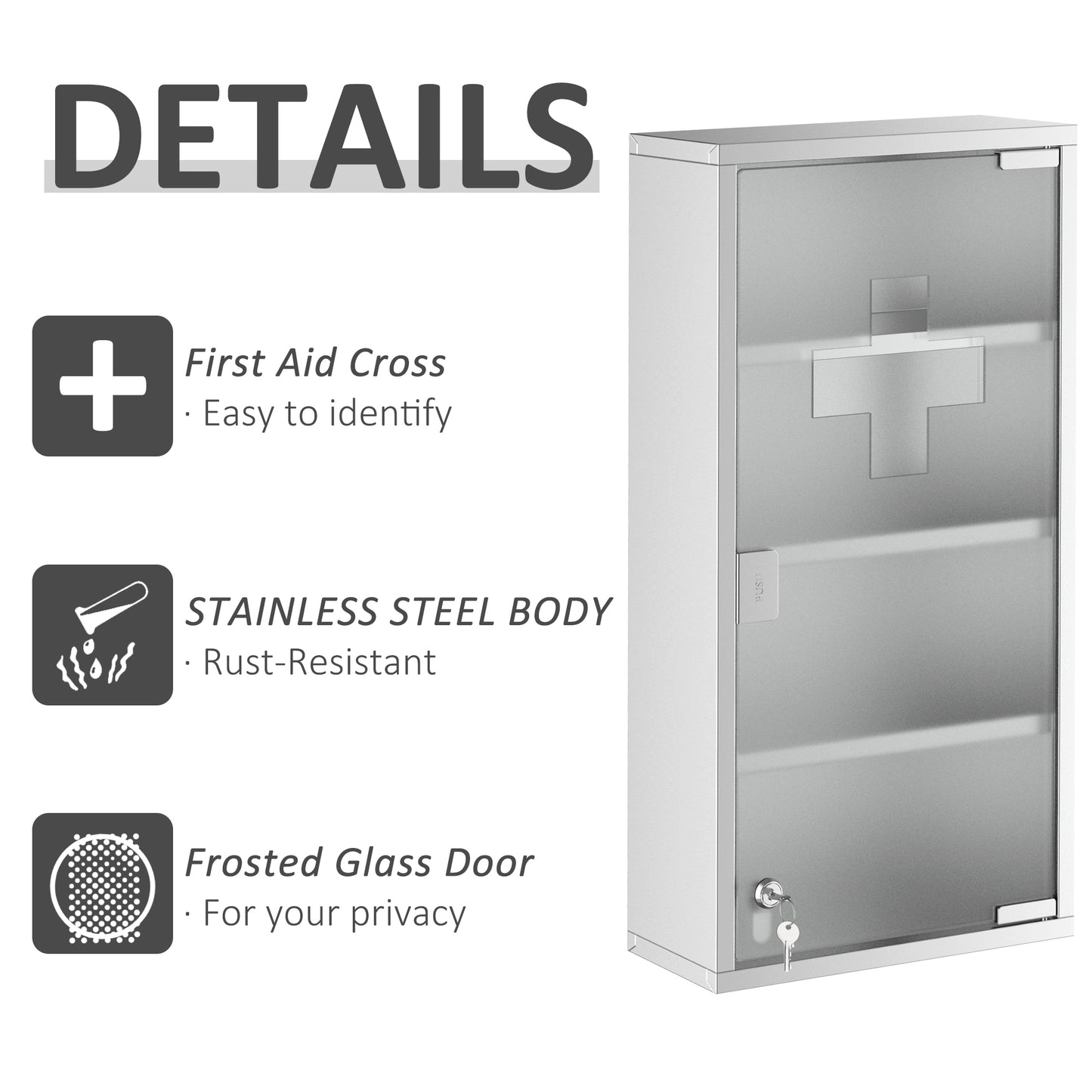 Locking Medicine Cabinet - Stainless Steel Storage, Silver