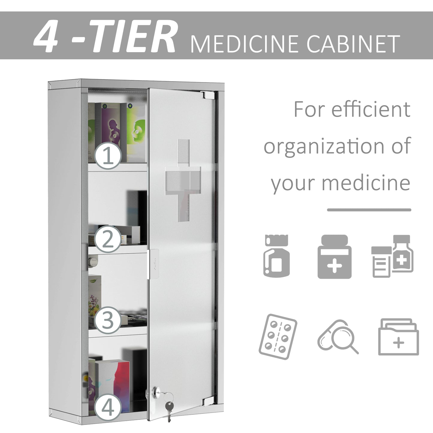 Locking Medicine Cabinet - Stainless Steel Storage, Silver