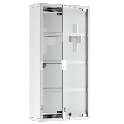 kleankin Wall Mounted Medicine Cabinet, Locking Wall Cabinet with 4 Tier Shelves, Stainless Steel Frame and Glass Door, Lockable with 2 Keys, Silver, 12" x 24"
