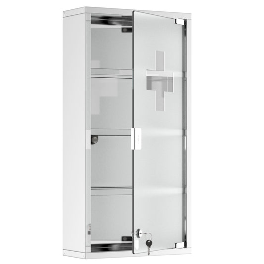 kleankin Wall Mounted Medicine Cabinet, Locking Wall Cabinet with 4 Tier Shelves, Stainless Steel Frame and Glass Door, Lockable with 2 Keys, Silver, 12" x 24"