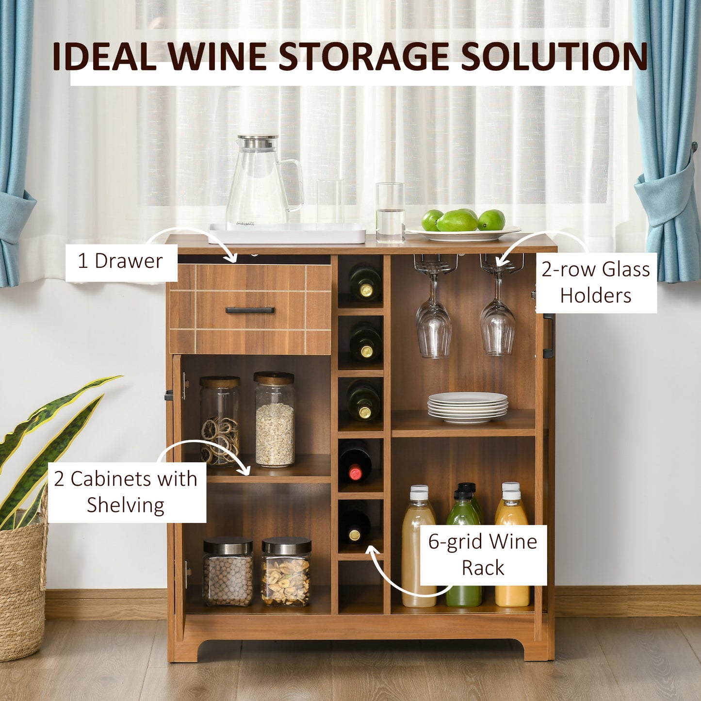 Retro Wine Cabinet - 6 Bottle Storage, Brown MDF