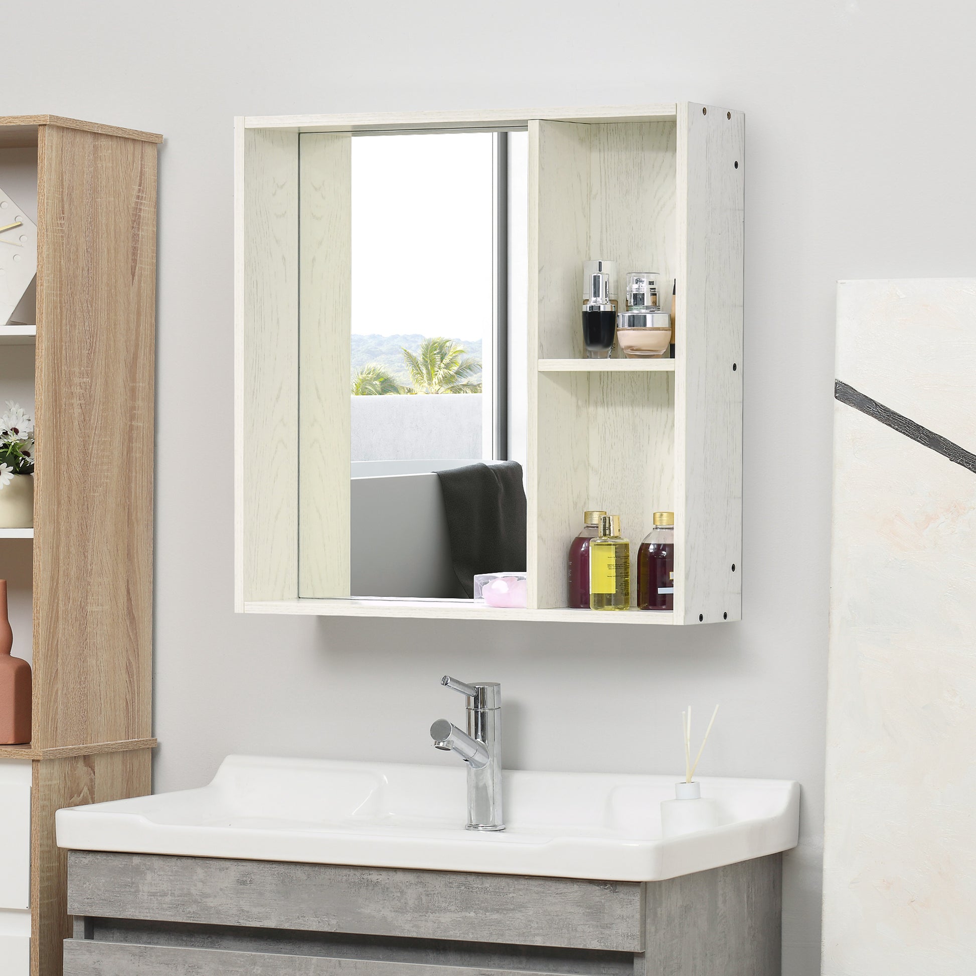 White Bathroom Medicine Cabinet with Mirror & Shelf - 31.5" for Living Room