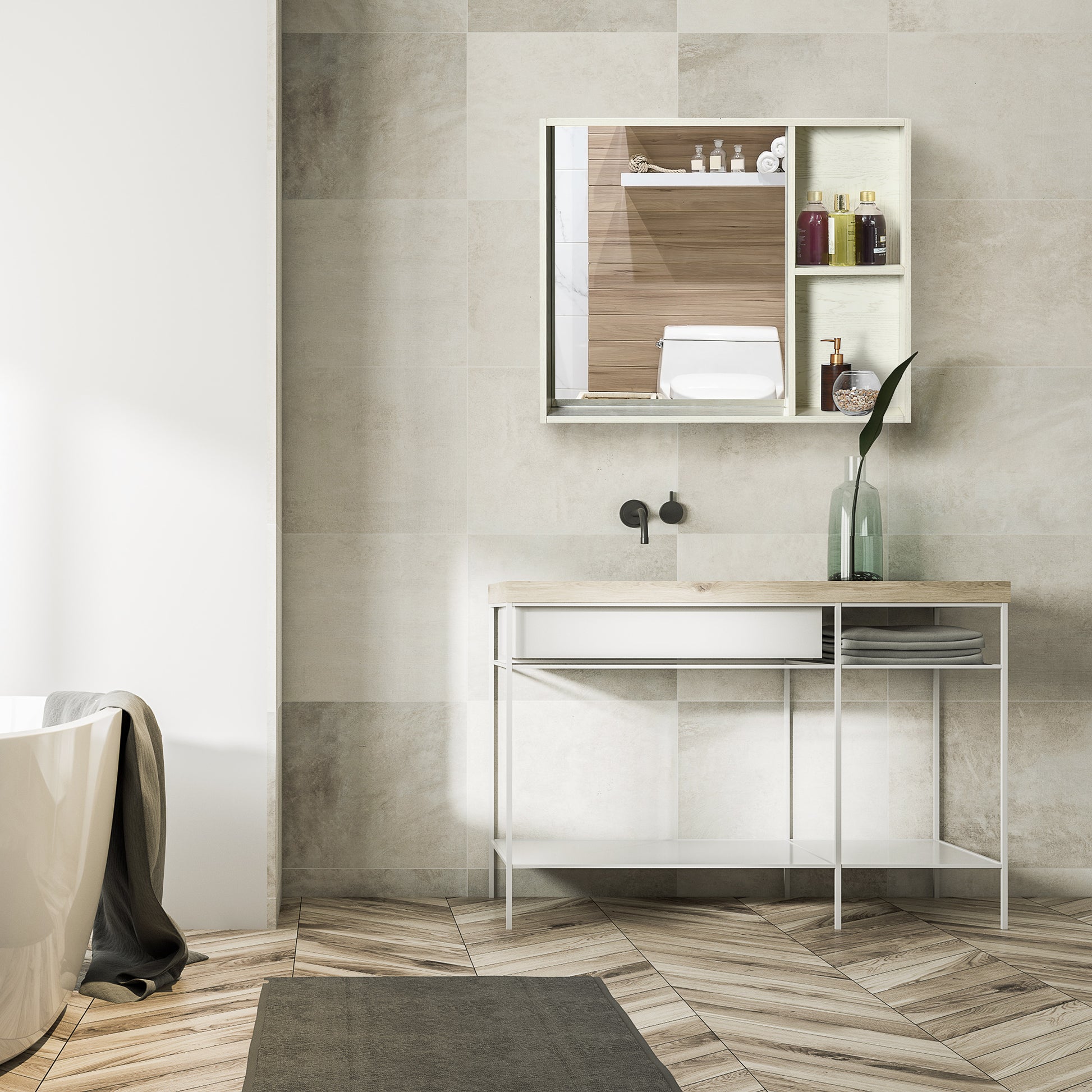 White Bathroom Medicine Cabinet with Mirror & Shelf - 31.5" for Living Room