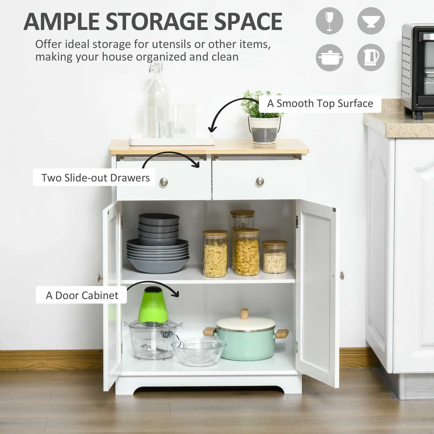 HOMCOM White Sideboard Buffet Cabinet - 2 Doors & Drawers