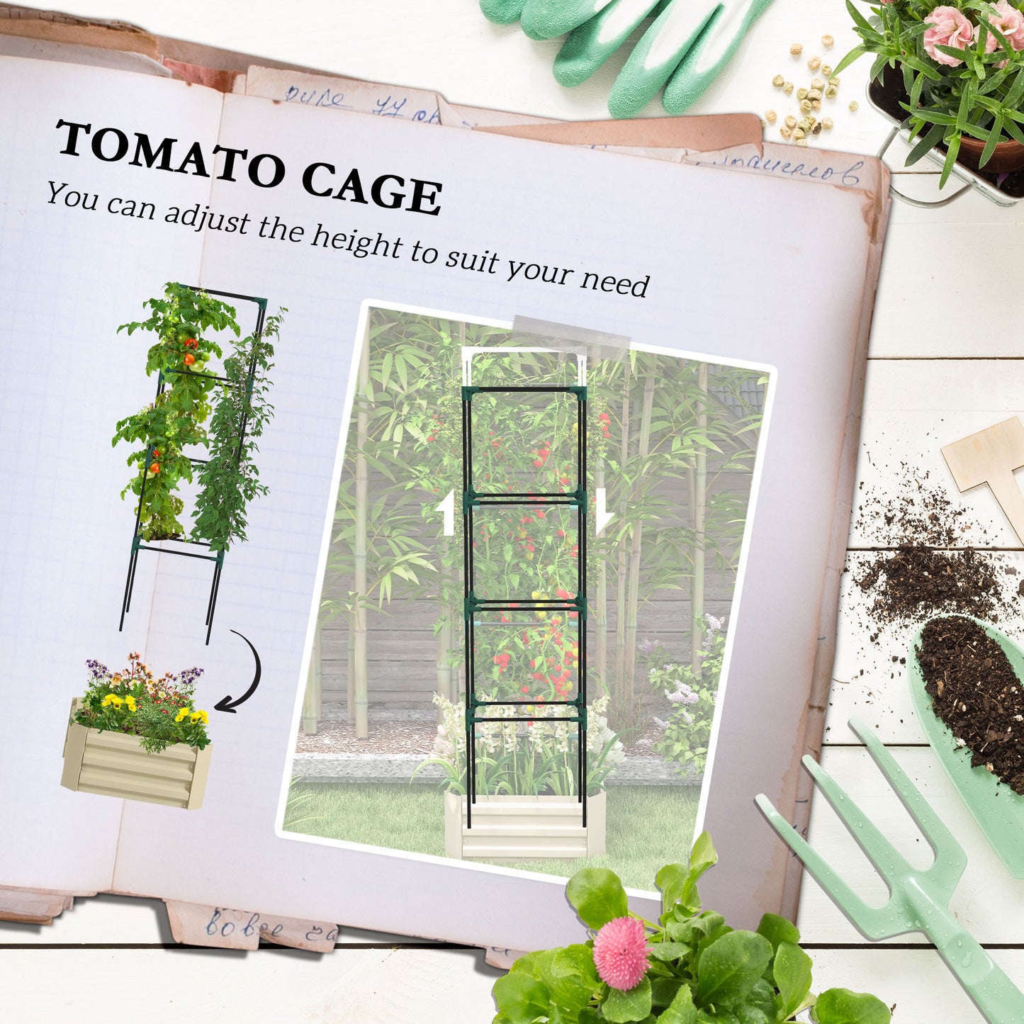 White Steel Raised Garden Bed with Trellis for Backyard Gardening