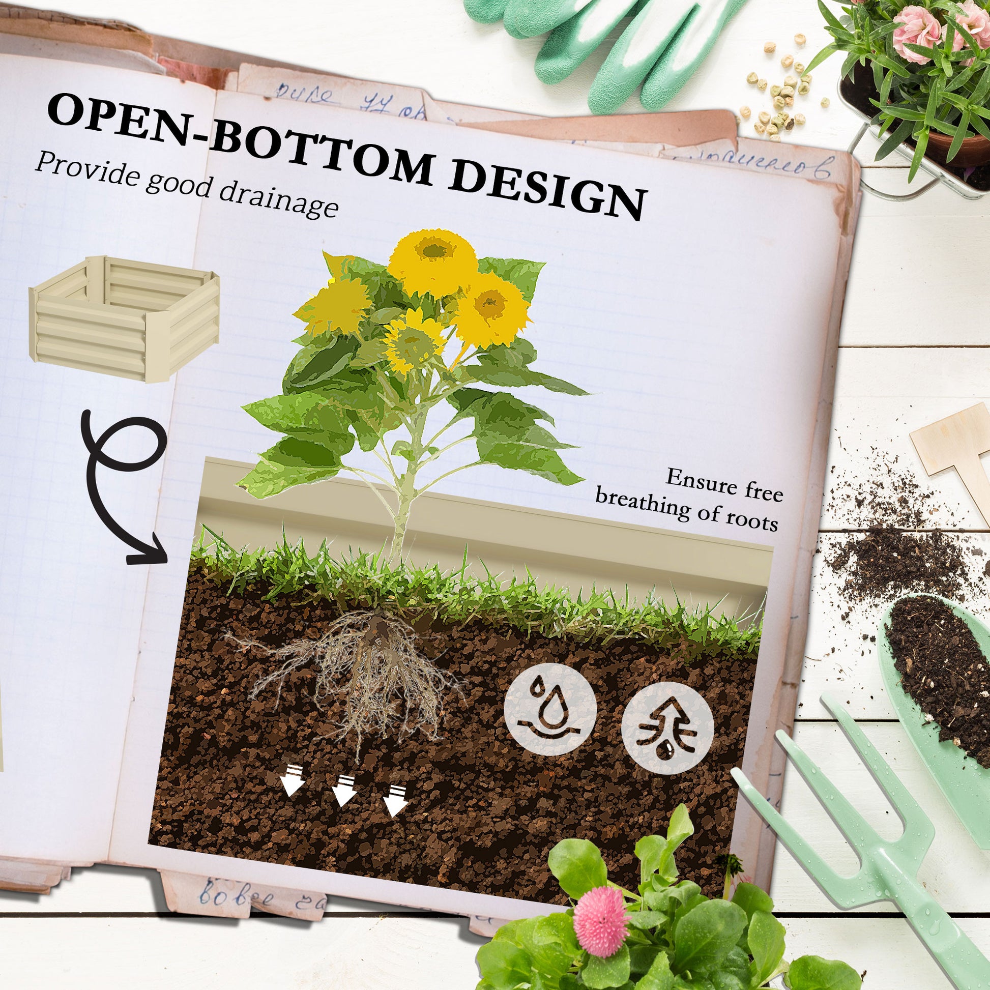 White Steel Raised Garden Bed with Trellis for Backyard Gardening