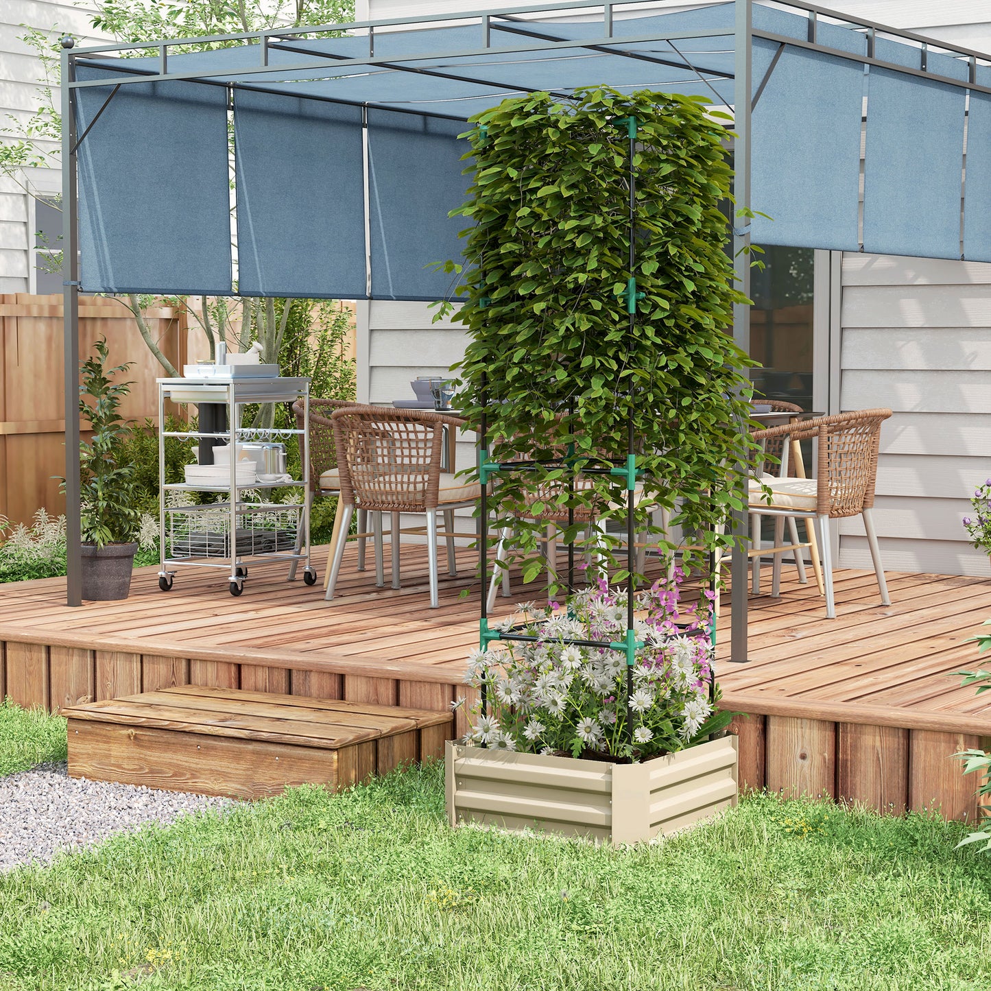White Steel Raised Garden Bed with Trellis for Backyard Gardening