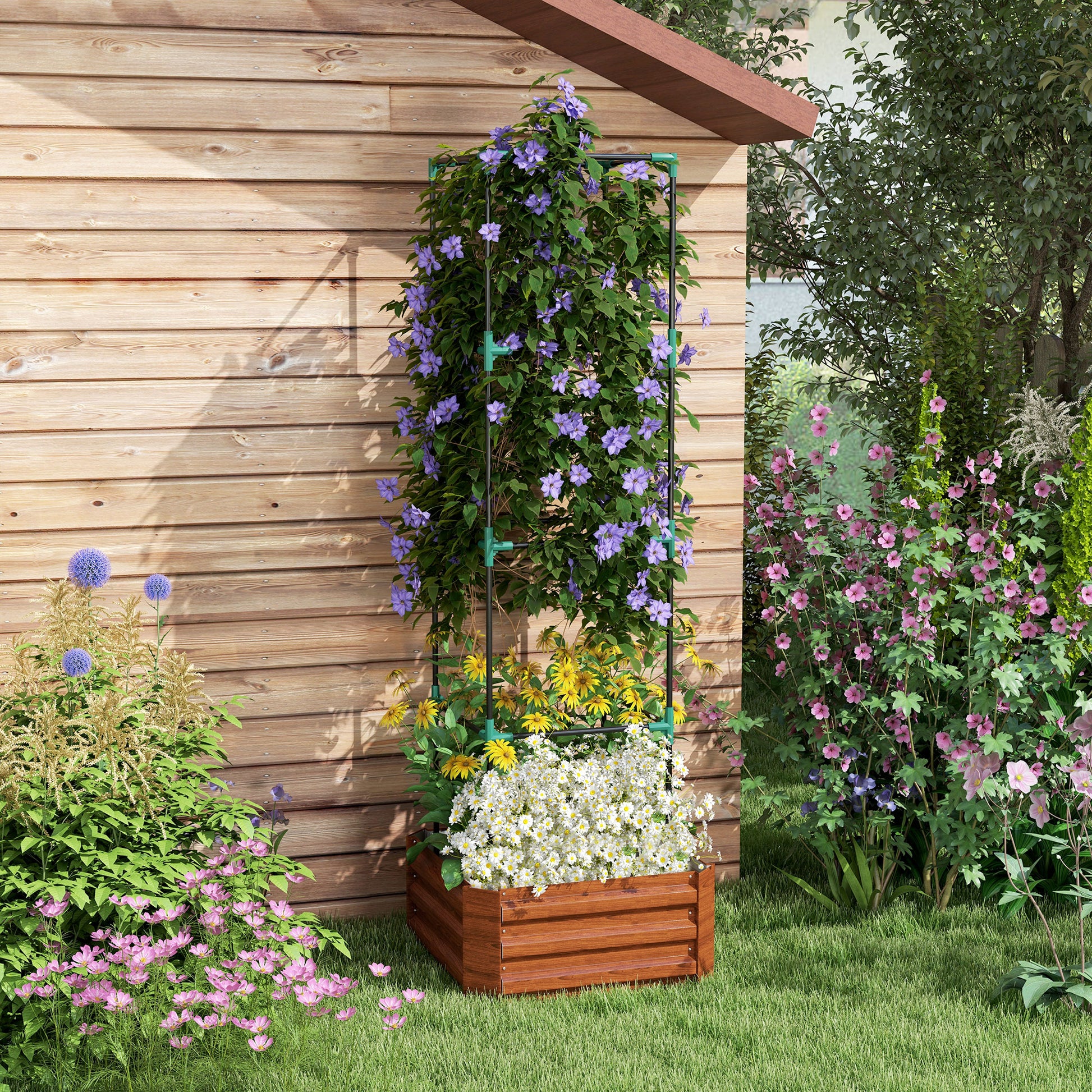 Brown Steel Raised Garden Bed with Trellis for Backyard Gardening