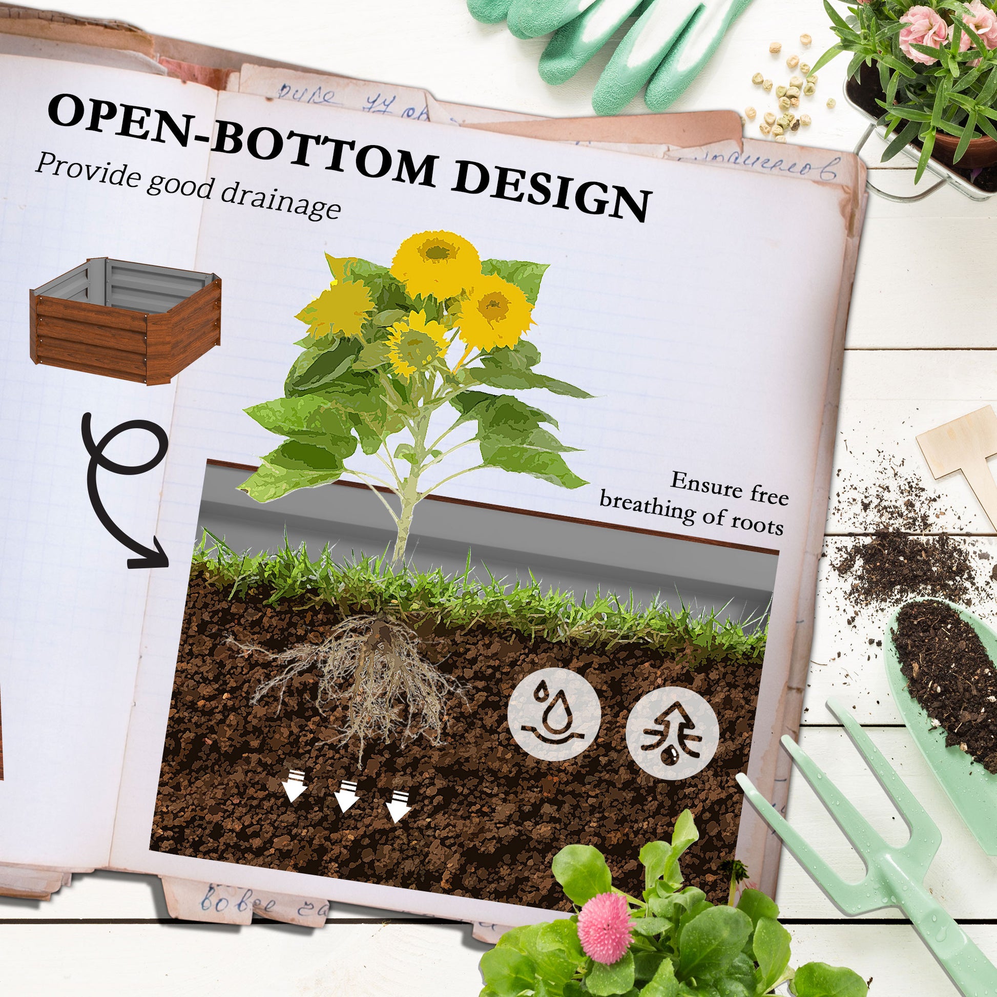Brown Steel Raised Garden Bed with Trellis for Backyard Gardening