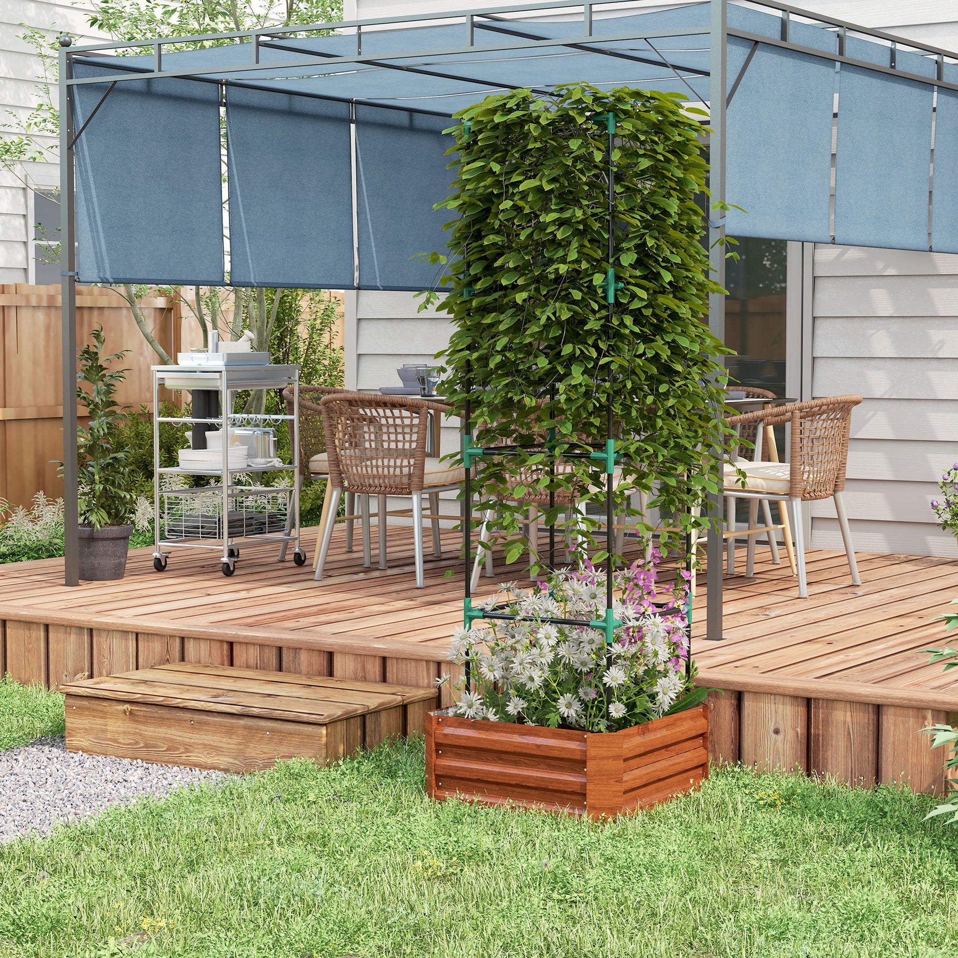 Brown Steel Raised Garden Bed with Trellis for Backyard Gardening