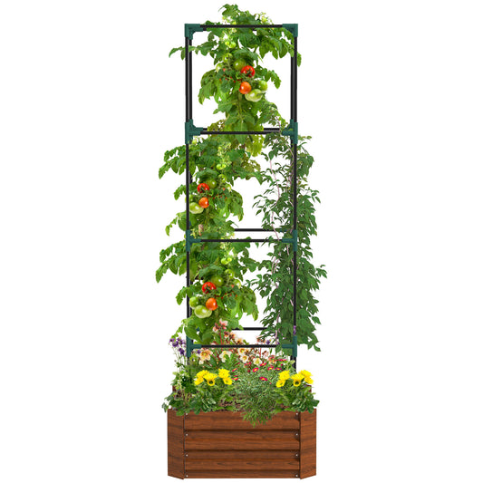 Outsunny Galvanized Raised Garden Bed, 24" x 24" x 11.75" Outdoor Planter Box with Trellis Tomato Cage and Open Bottom for Climbing Vines, Vegetables, Flowers in Backyard, Garden, Patio, Brown