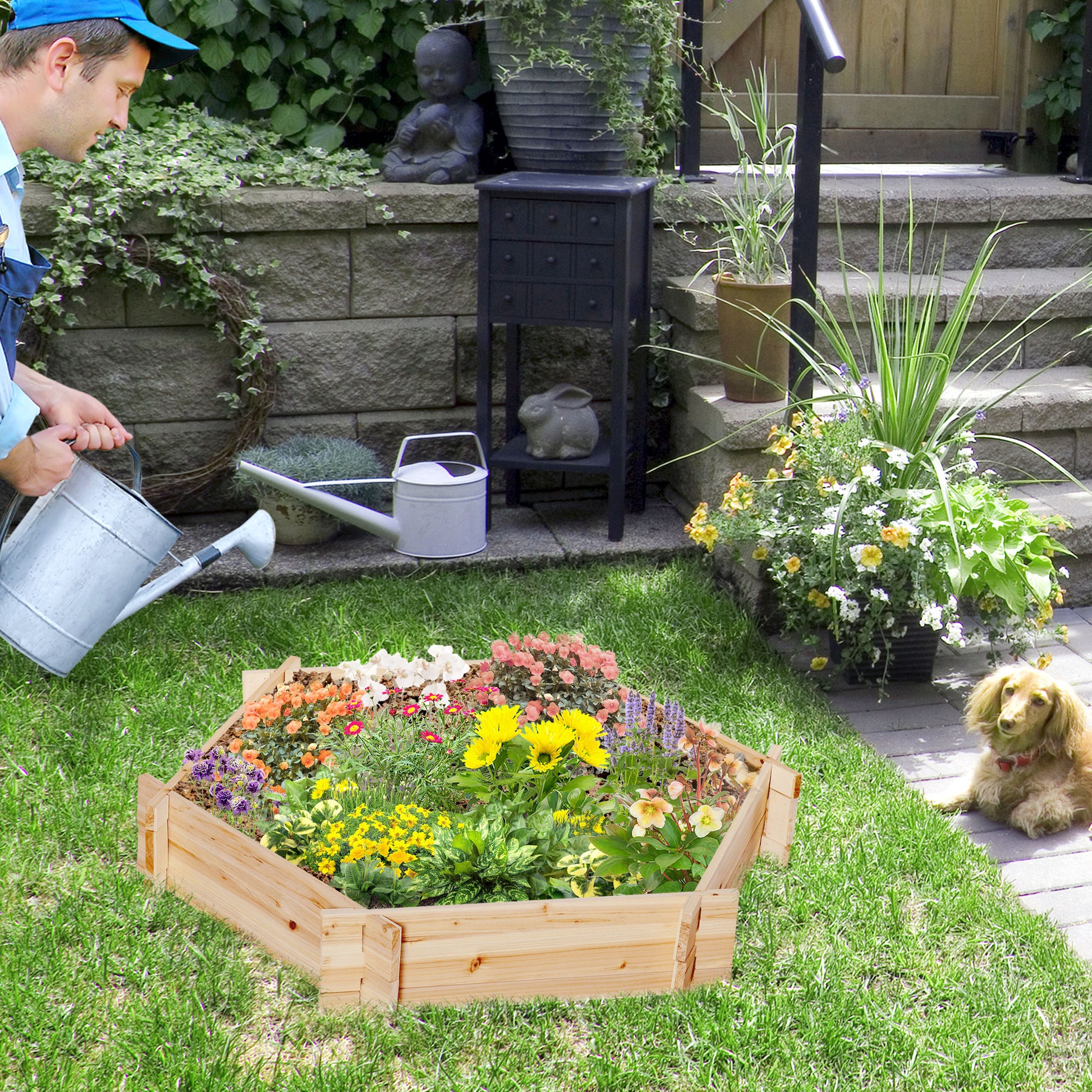 Outsunny Wooden Raised Garden Bed - Hexagon Planter 39x36", Natural Wood