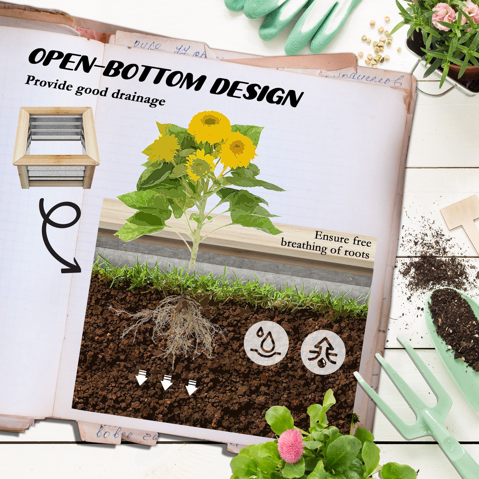 Outsunny Raised Garden Beds - 2 Pack Wood & Metal Planters