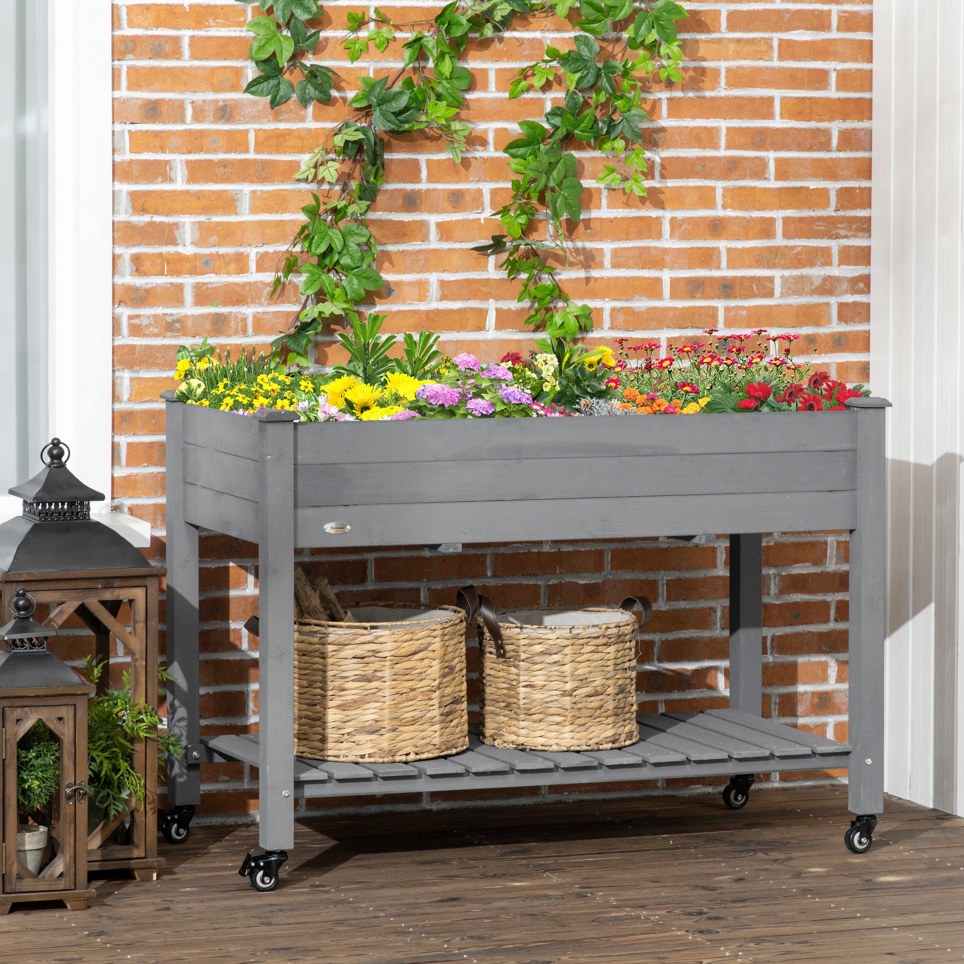 Gray Wooden Raised Garden Bed with Wheels - 47" L