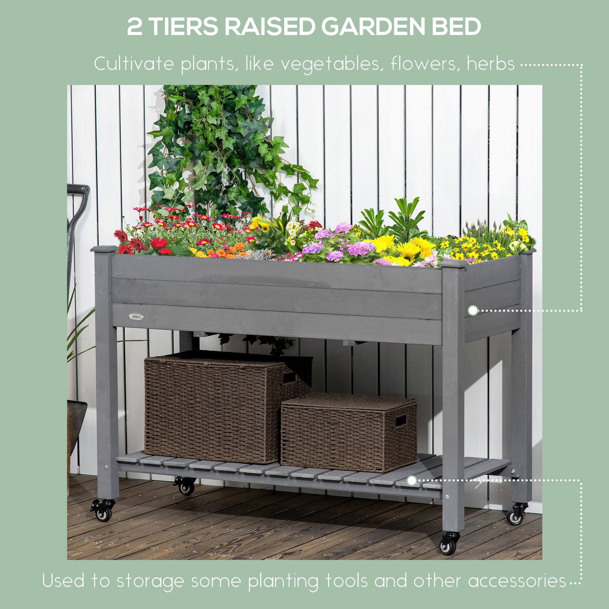Gray Wooden Raised Garden Bed with Wheels - 47" L