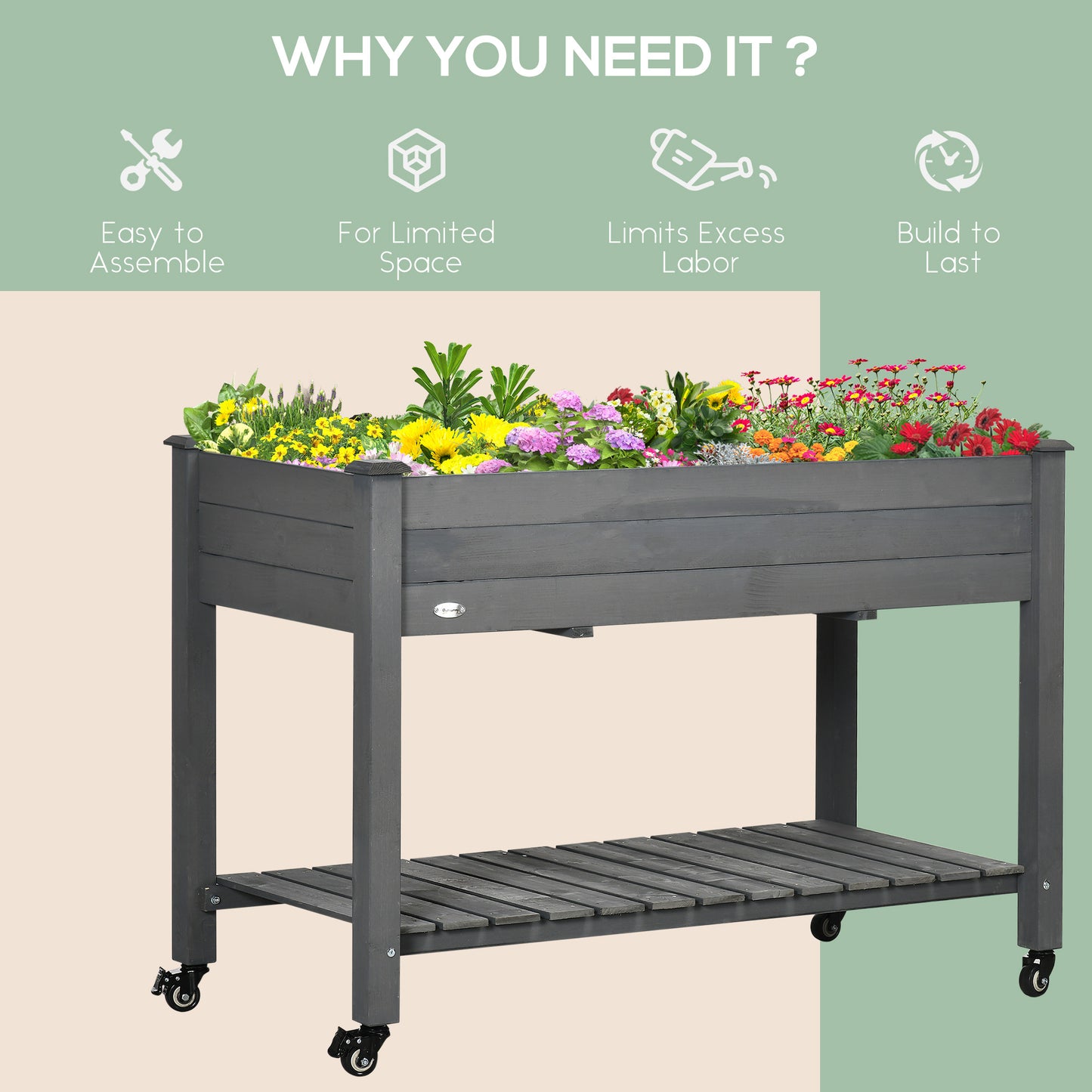 Gray Wooden Raised Garden Bed with Wheels - 47" L