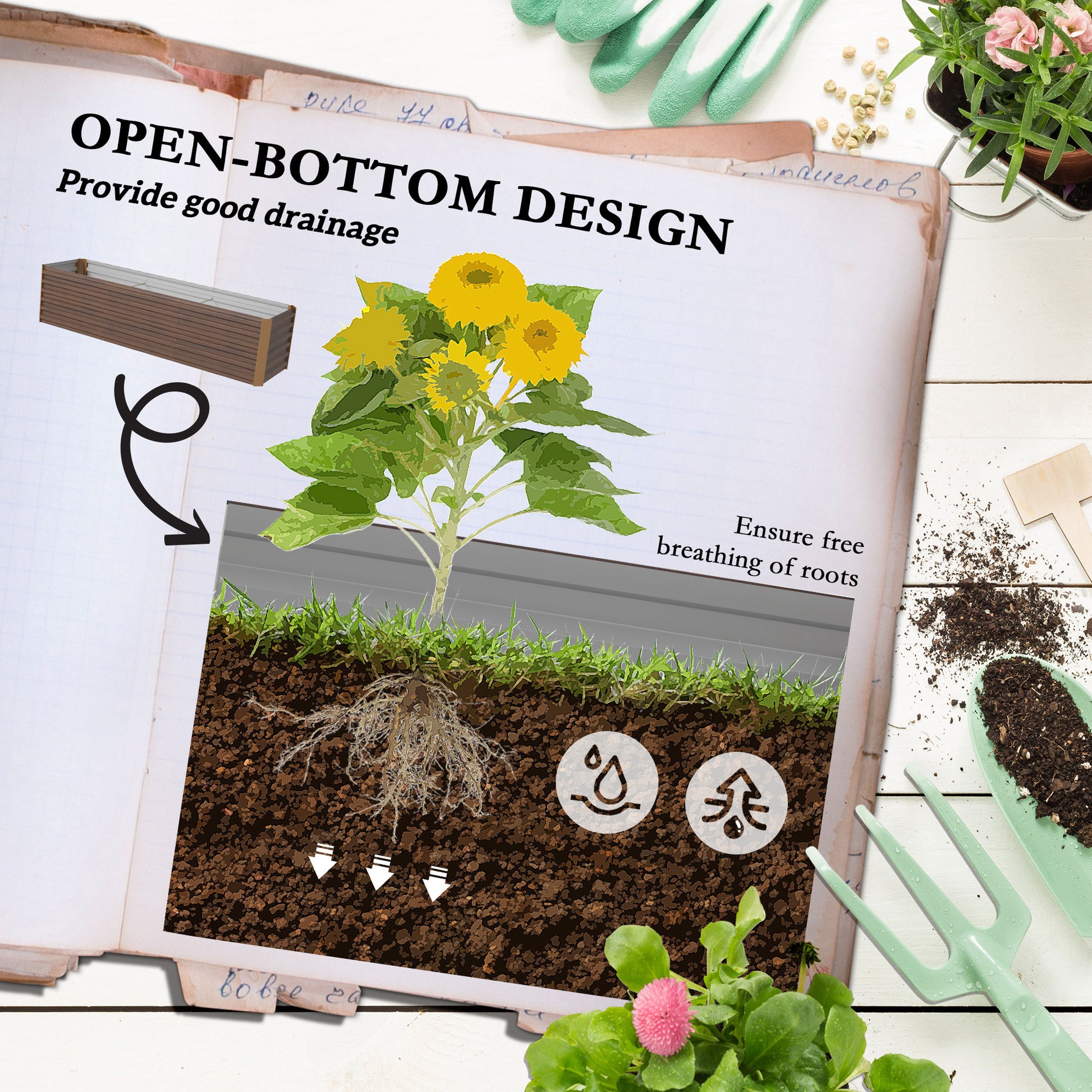 Brown Steel Raised Garden Bed for Outdoor Planting and Vegetable Growing