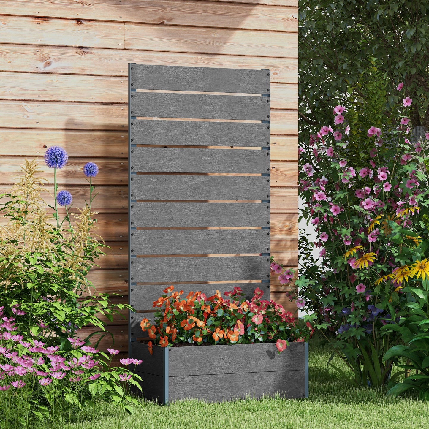 Gray Raised Garden Bed with Trellis - Outdoor Planter Box