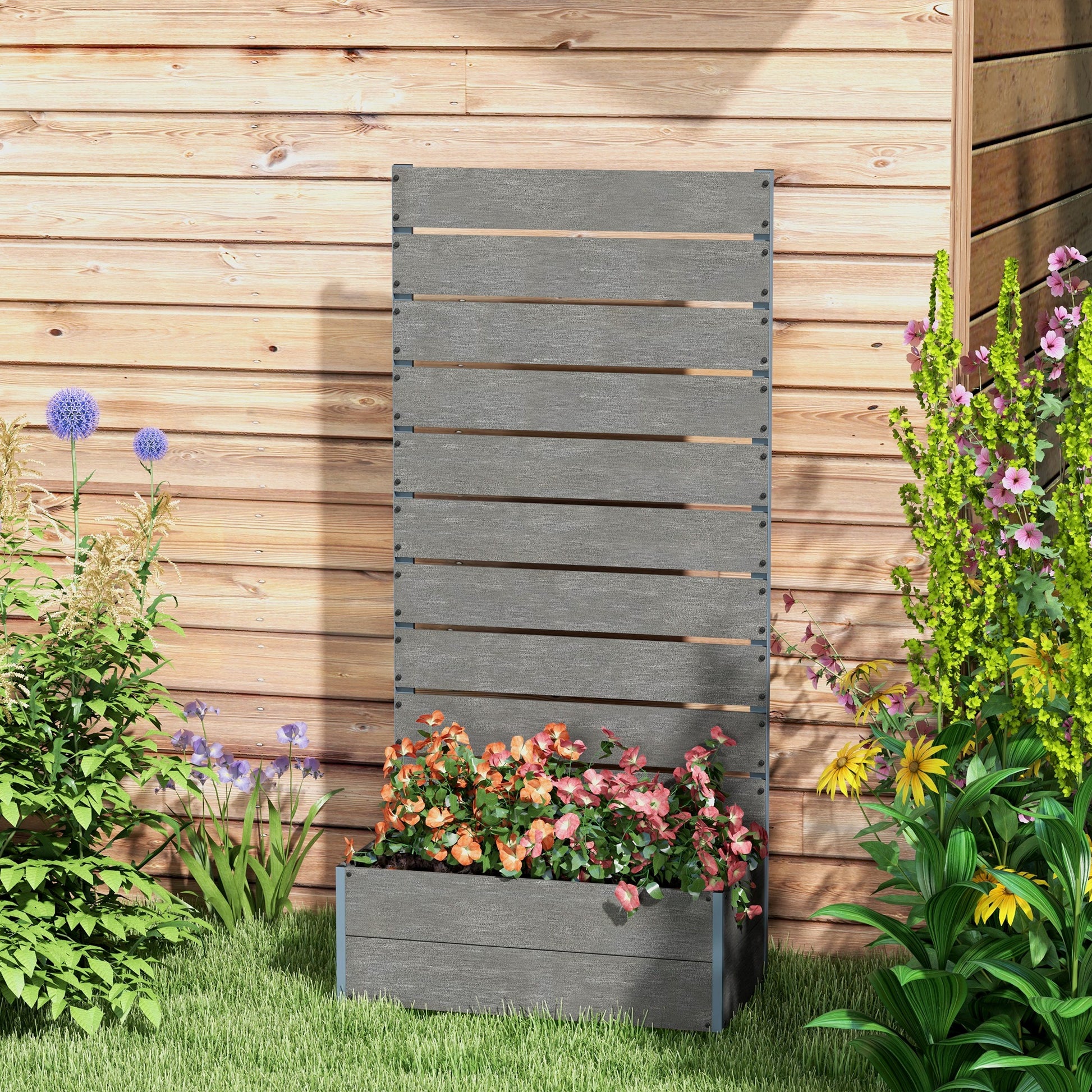 Gray Raised Garden Bed with Trellis - Outdoor Planter Box