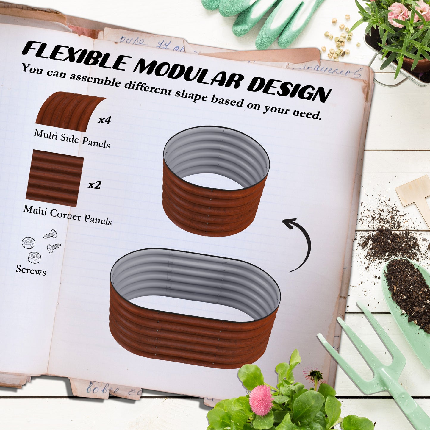 Brown Steel Modular Garden Bed Kit for Outdoor Planting