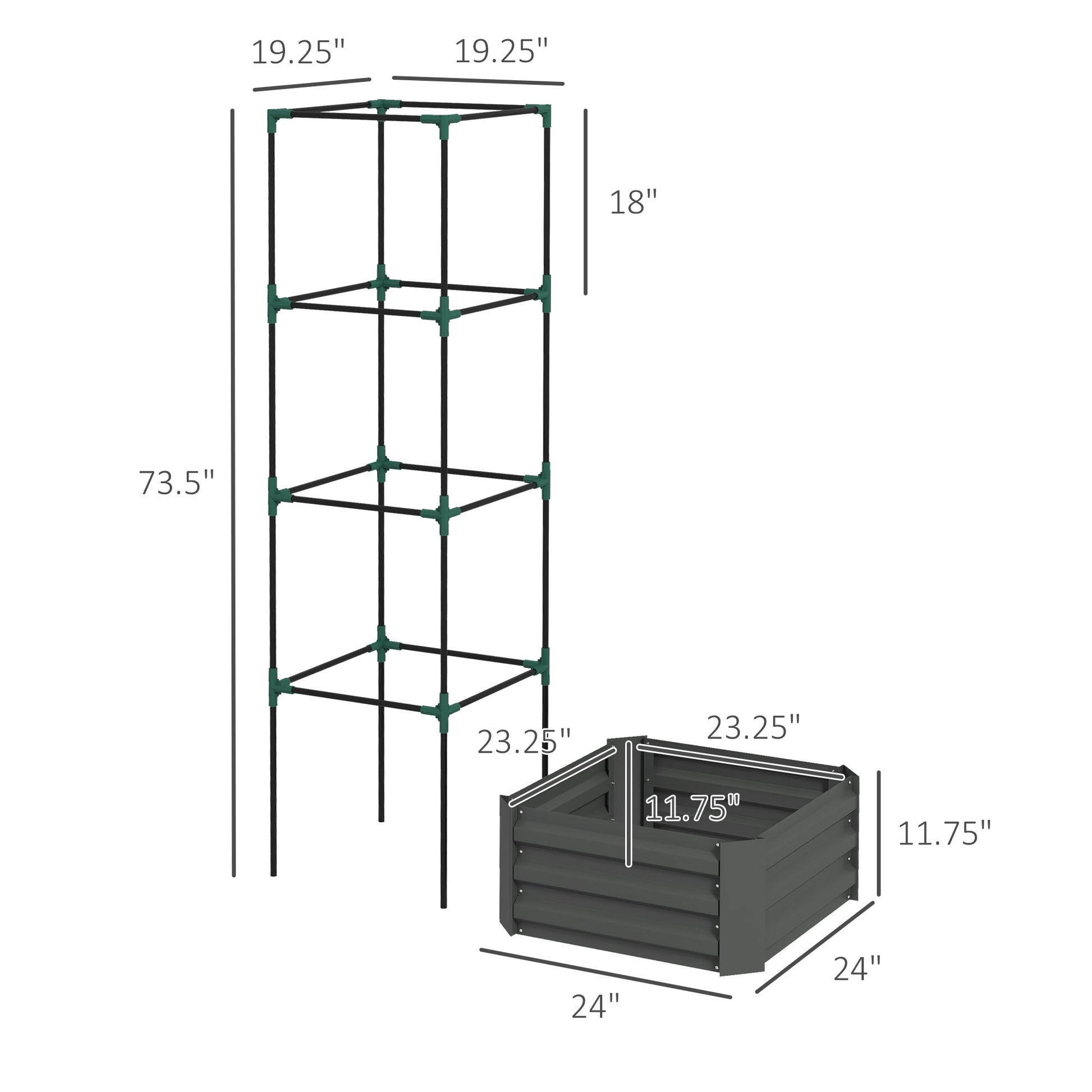 Gray Steel Raised Garden Bed with Trellis - 24" x 24" Outdoor Planter