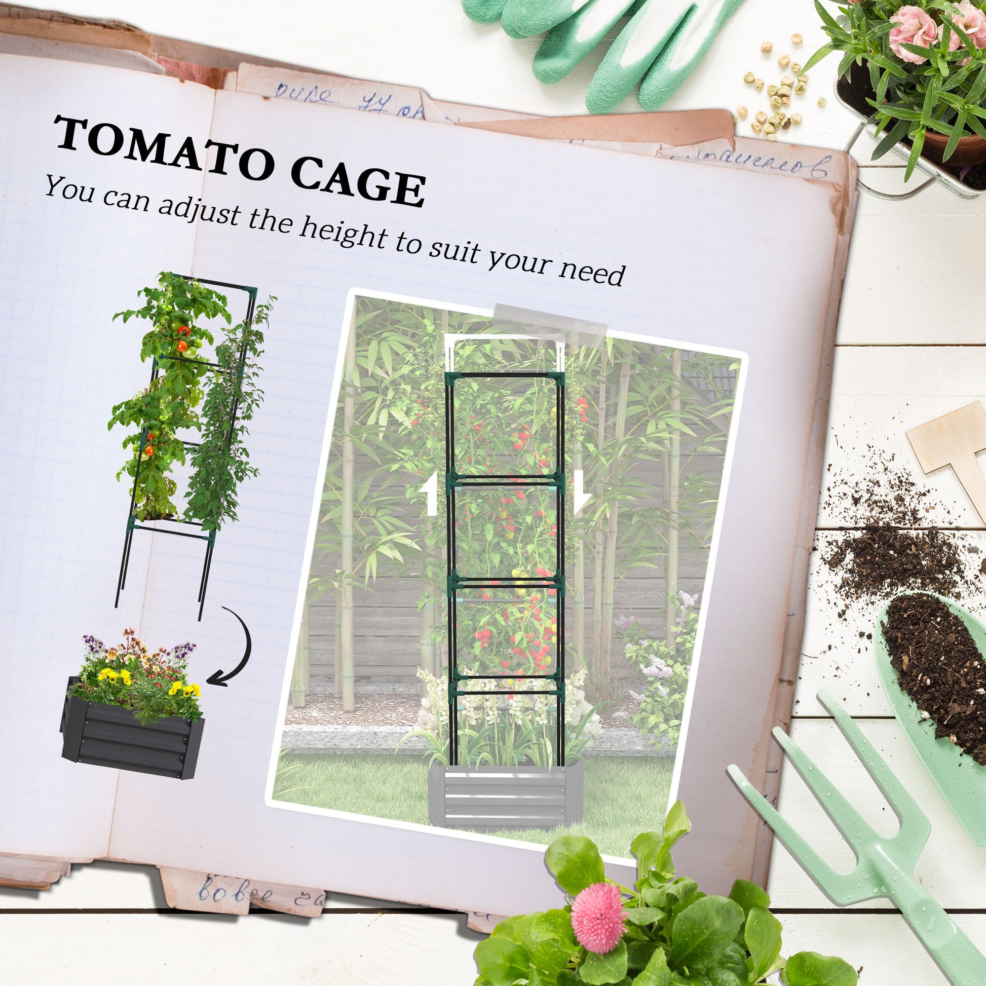 Gray Steel Raised Garden Bed with Trellis - 24" x 24" Outdoor Planter