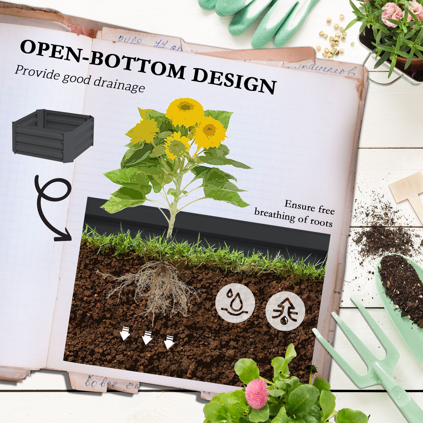 Gray Steel Raised Garden Bed with Trellis - 24" x 24" Outdoor Planter