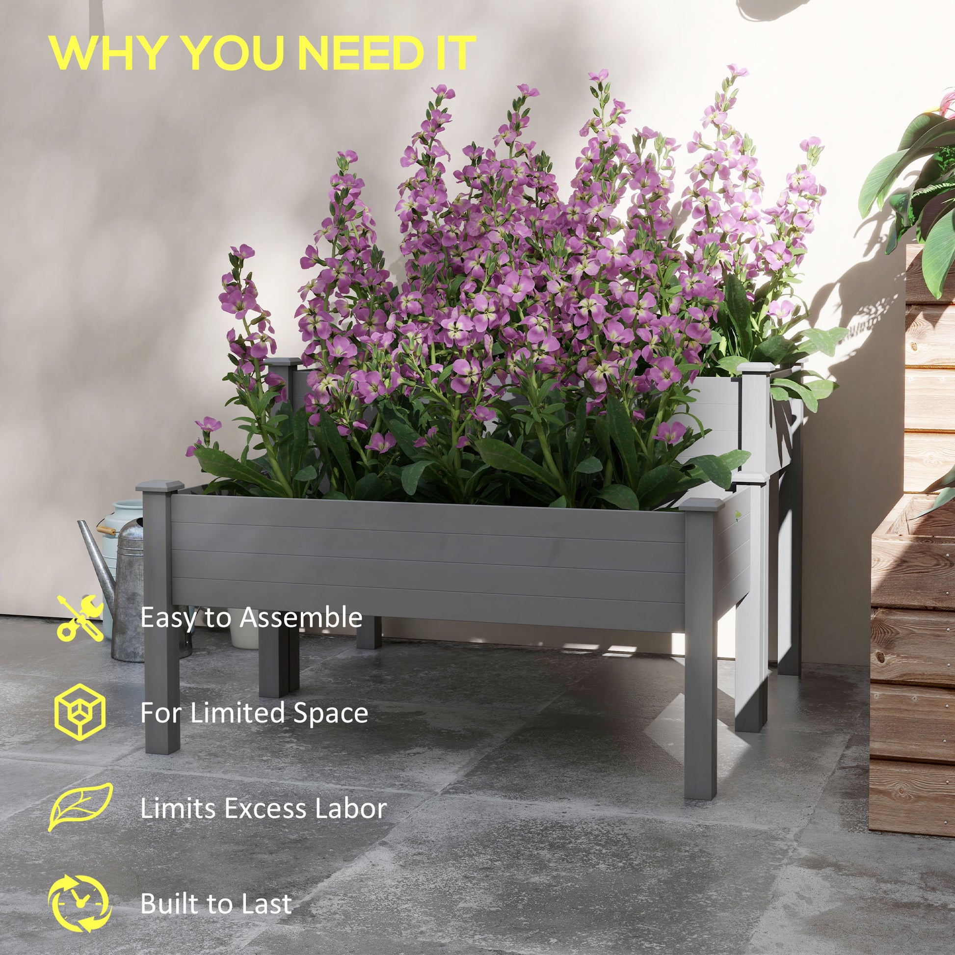 Outsunny 2 Tier Raised Garden Bed - Gray Wooden Planter for Flowers & Vegetables
