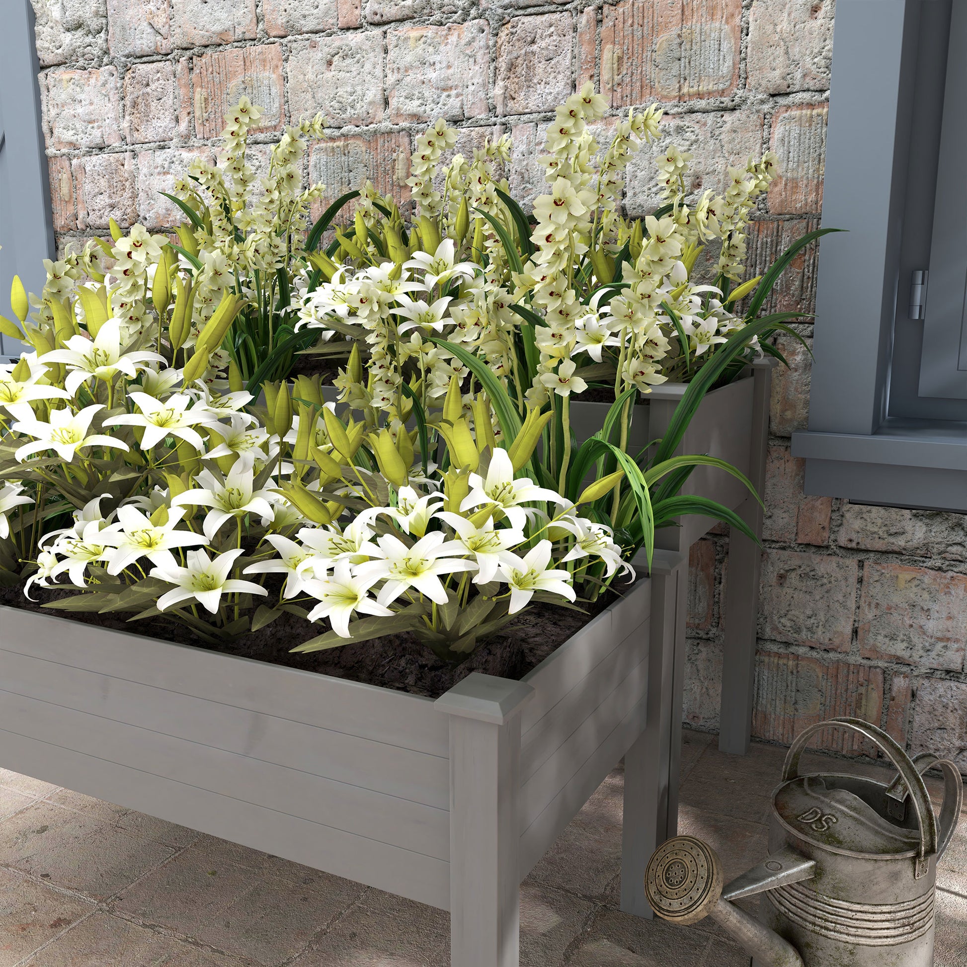 Outsunny 2 Tier Raised Garden Bed - Gray Wooden Planter for Flowers & Vegetables