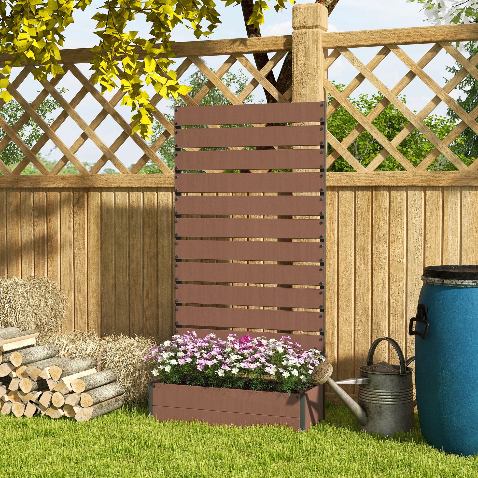 Outdoor Raised Garden Bed with Trellis - Brown Wood Planter