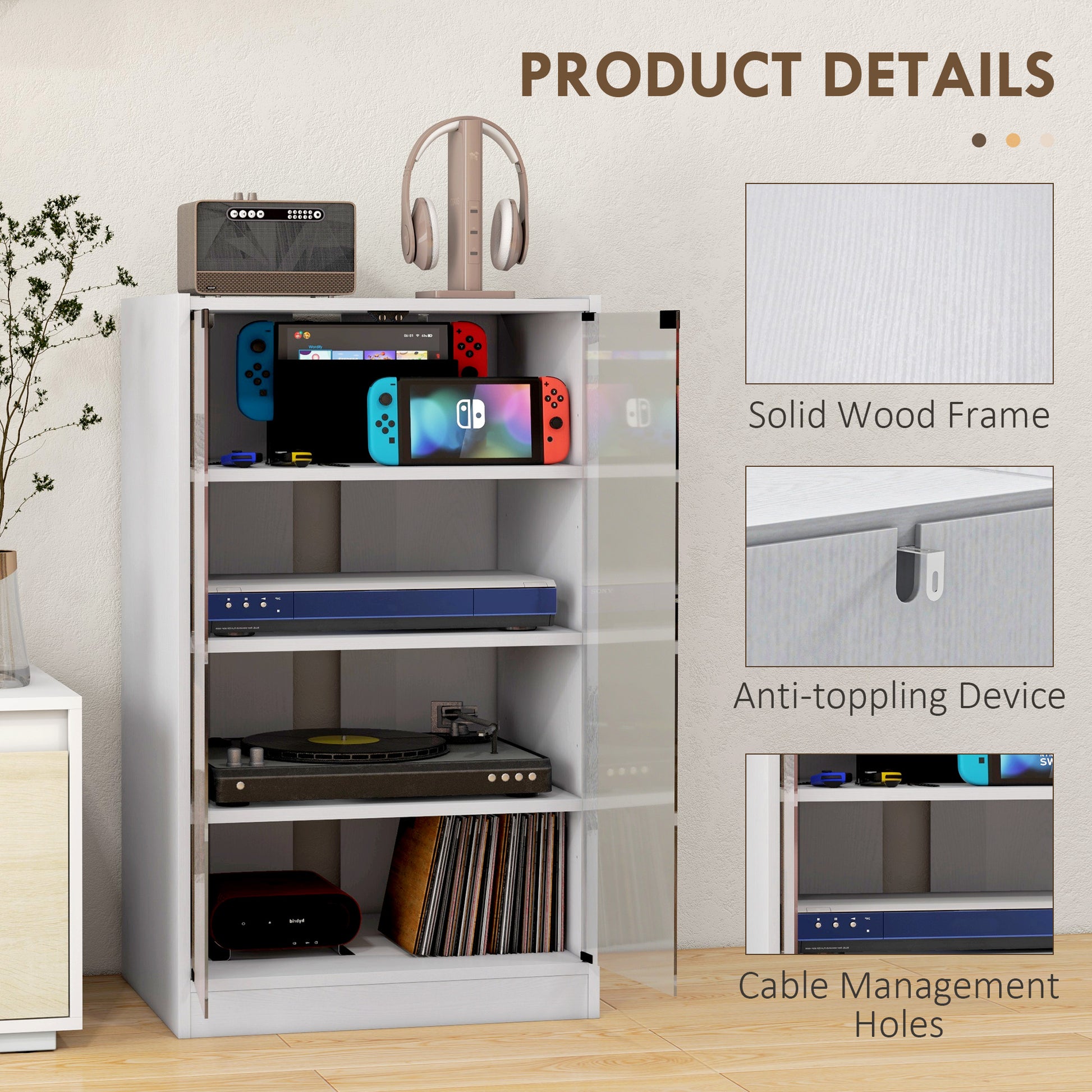 White MDF Media Cabinet - 4 Tier Storage Audio Stand