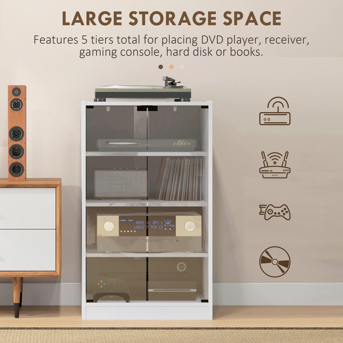 White MDF Media Cabinet - 4 Tier Storage Audio Stand