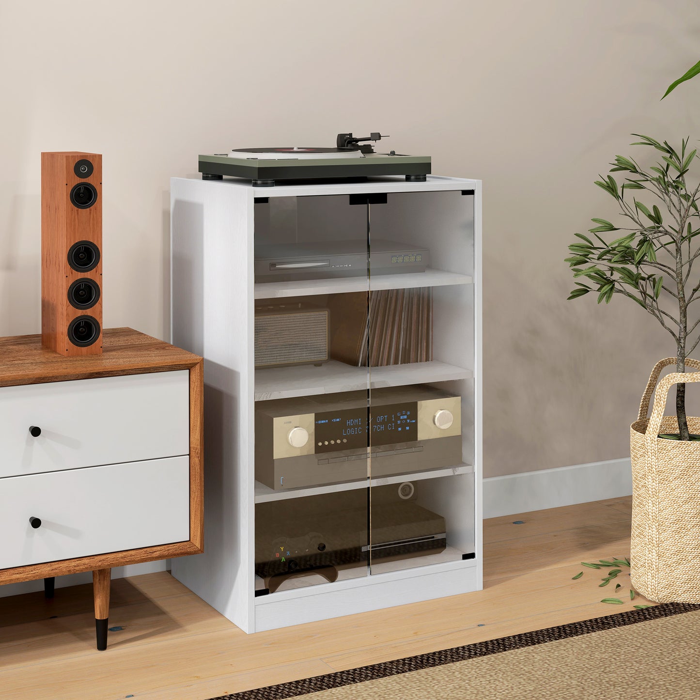 White MDF Media Cabinet - 4 Tier Storage Audio Stand