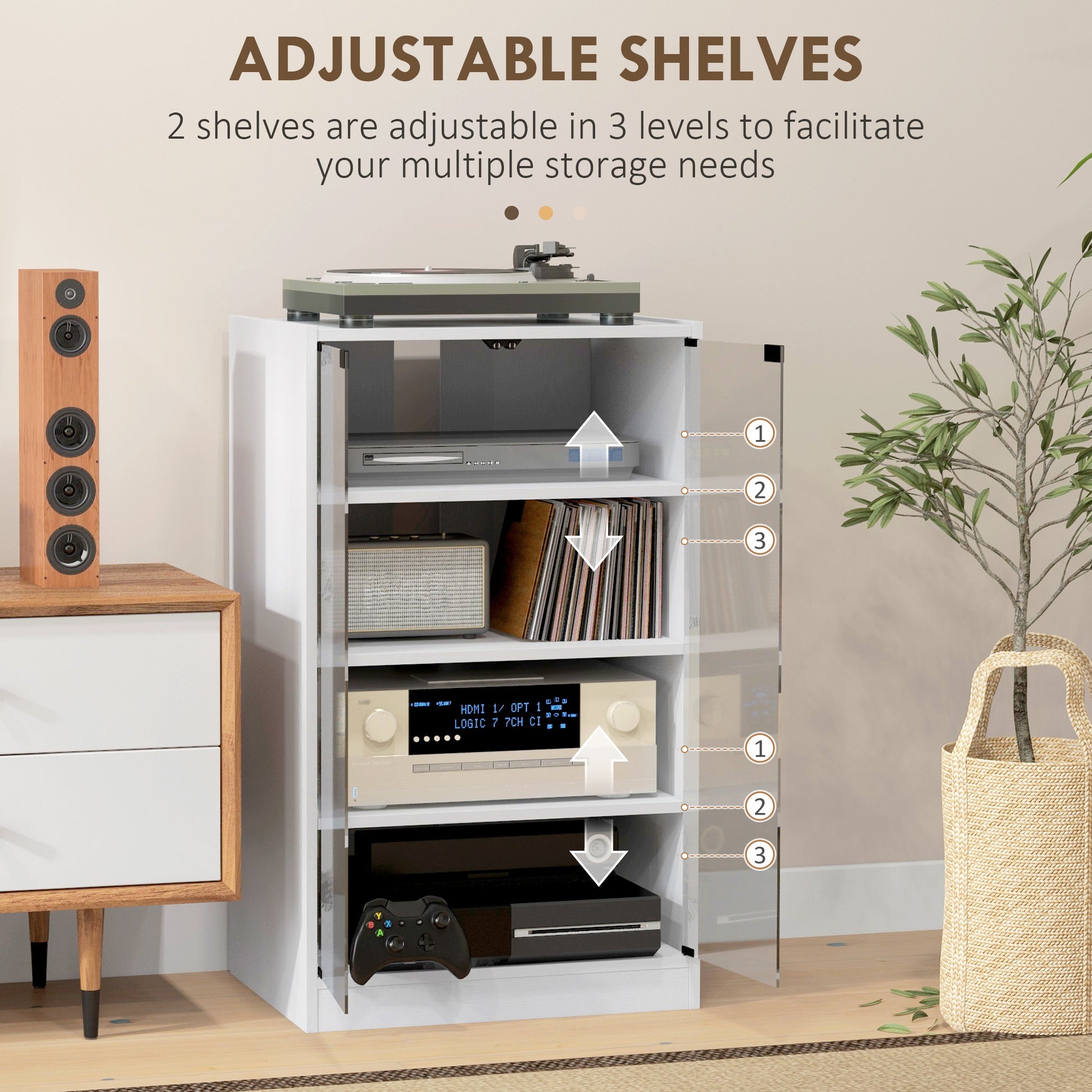 White MDF Media Cabinet - 4 Tier Storage Audio Stand