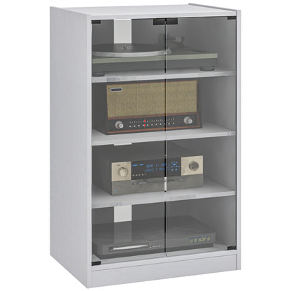 HOMCOM Media Cabinet, 4-Tier Stereo Cabinet, Modern Audio Video Media Stand with Adjustable Shelves, Tempered Glass Doors, and Cable Management, Distressed White