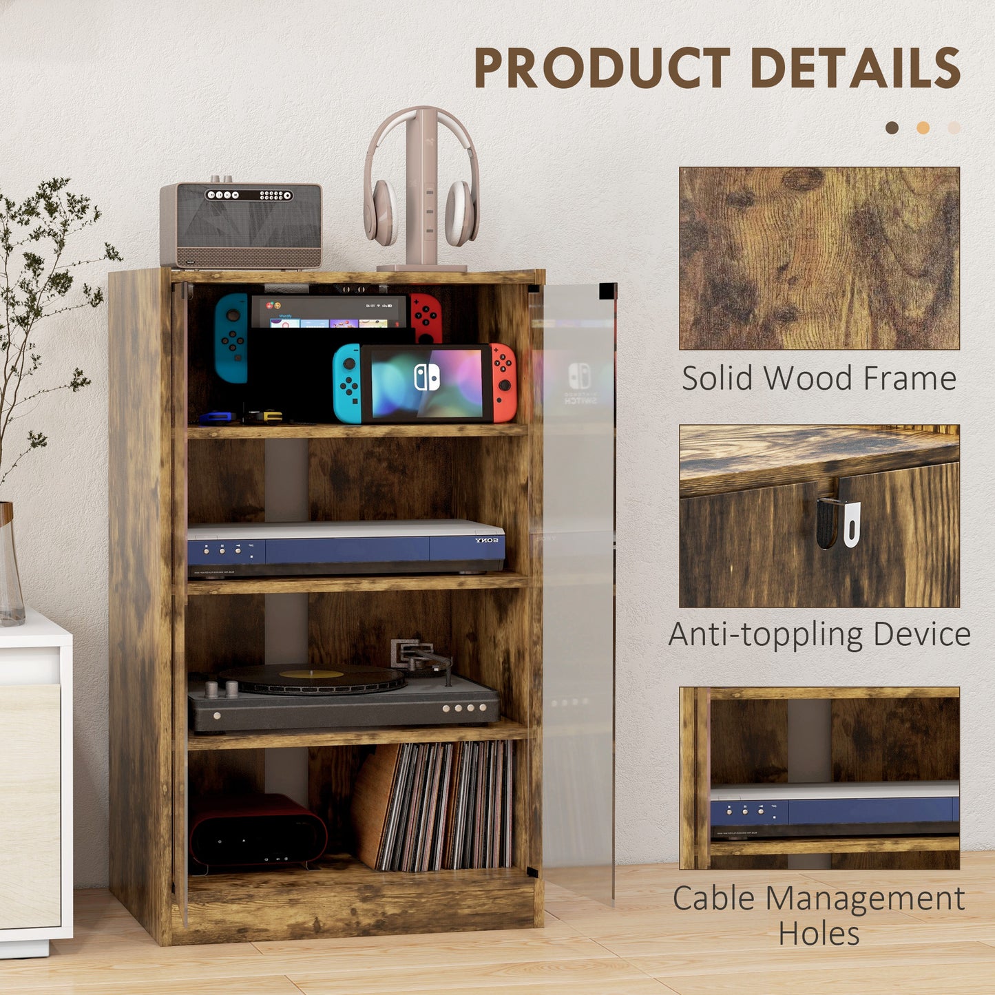 Rustic Brown Media Cabinet - 4 Tier Audio Storage Stand for Living Room