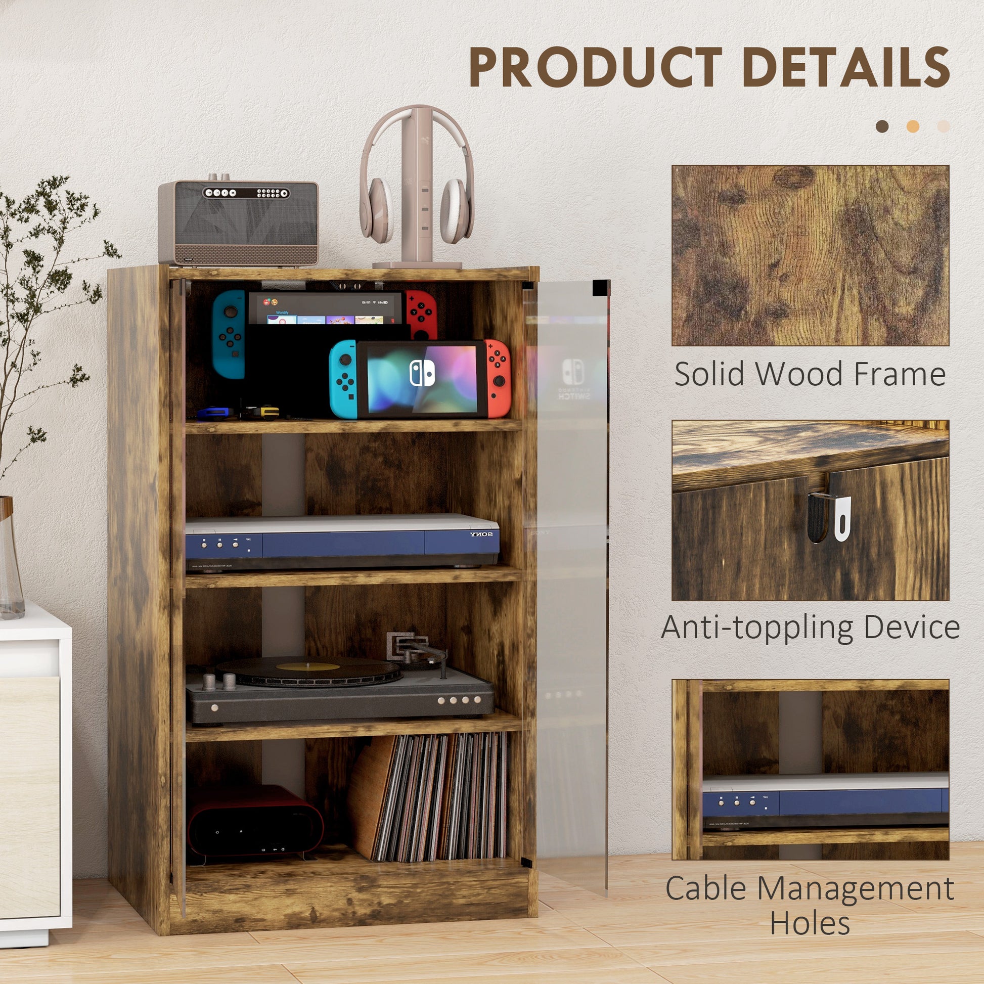 Rustic Brown Media Cabinet - 4 Tier Audio Storage Stand for Living Room