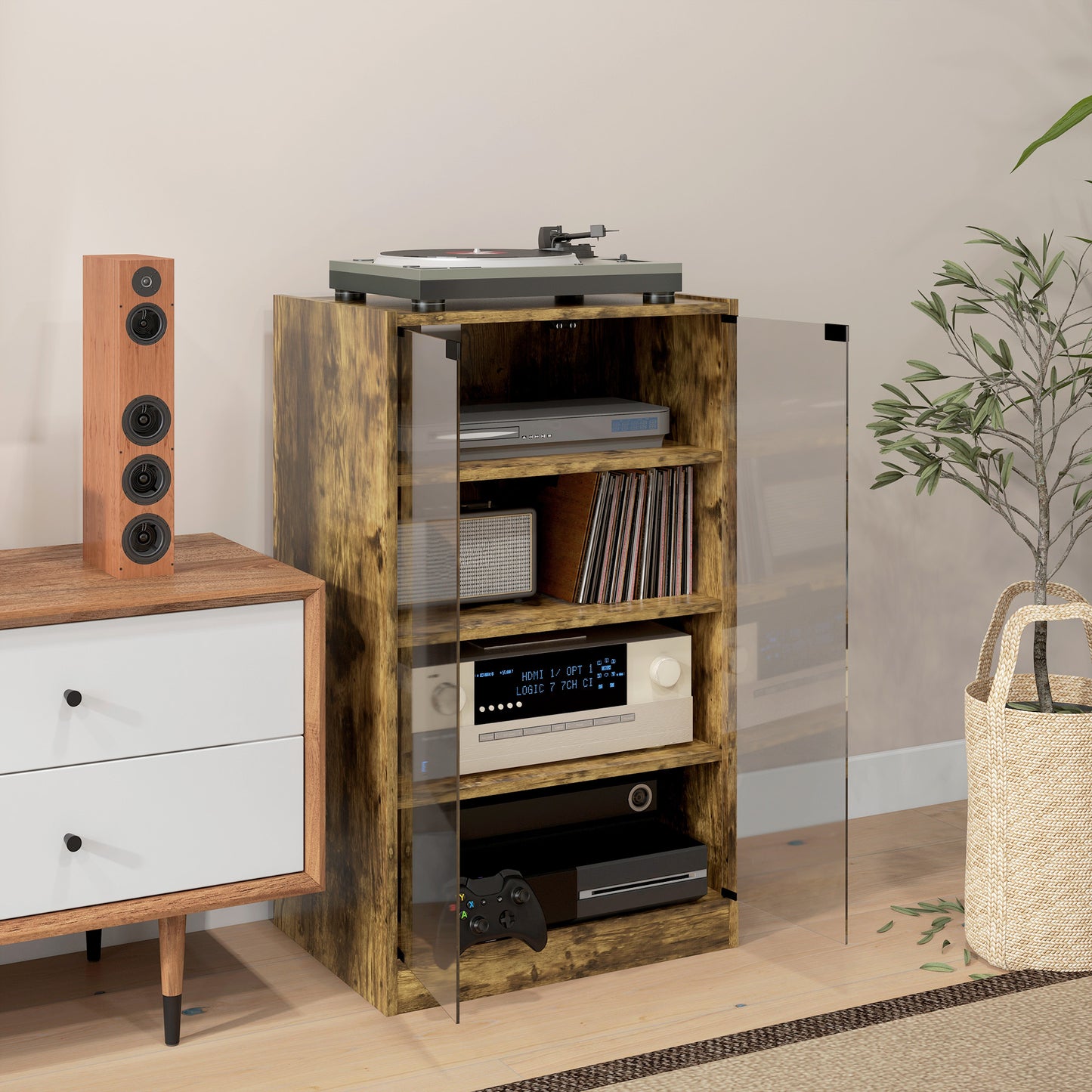 Rustic Brown Media Cabinet - 4 Tier Audio Storage Stand for Living Room