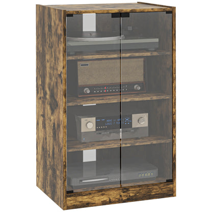 HOMCOM Media Cabinet, 4-Tier Stereo Cabinet, Modern Audio Video Media Stand with Adjustable Shelves, Tempered Glass Doors, and Cable Management, Rustic Brown