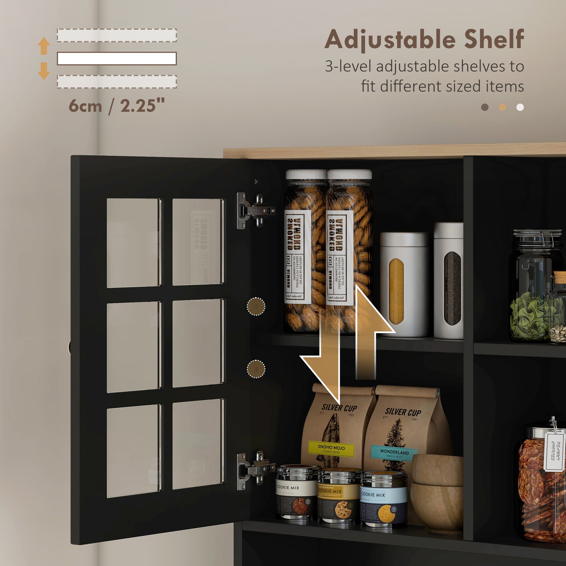 Black Wood Kitchen Pantry Cabinet - 72" Freestanding Hutch