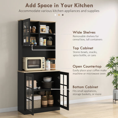 Black Wood Kitchen Pantry Cabinet - 72" Freestanding Hutch