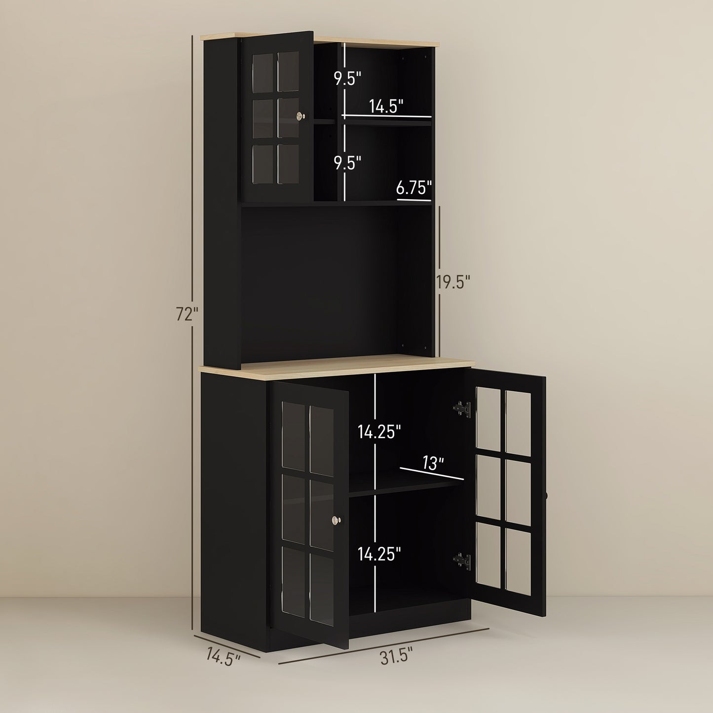 Black Wood Kitchen Pantry Cabinet - 72" Freestanding Hutch
