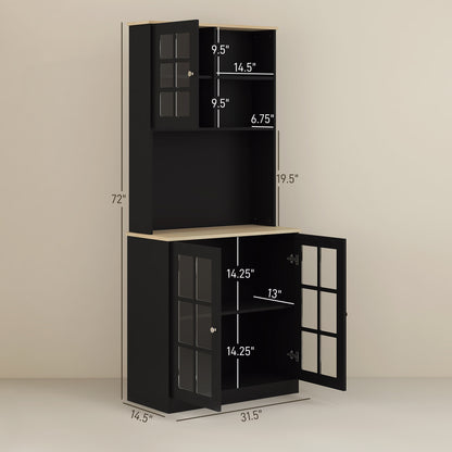 Black Wood Kitchen Pantry Cabinet - 72" Freestanding Hutch