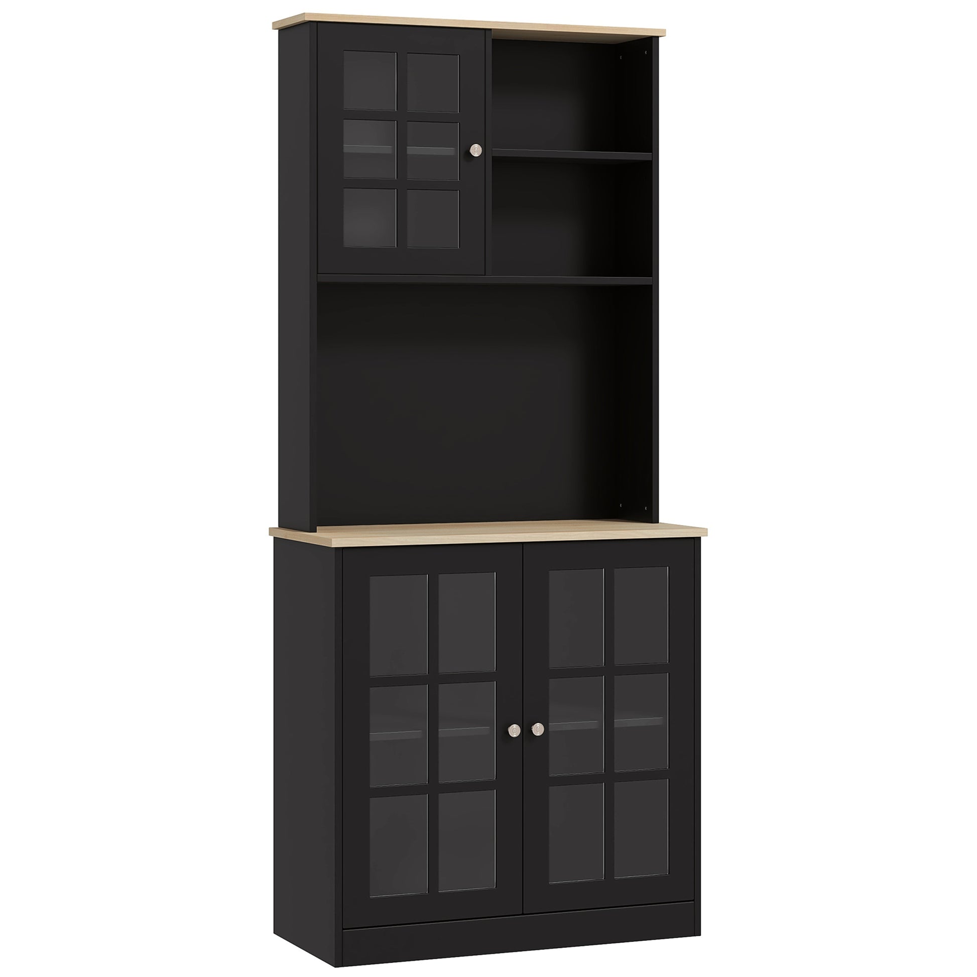 HOMCOM Kitchen Pantry Cabinet, 72" Freestanding Storage Cabinet with Hutch, Large Countertop, Glass Doors and Adjustable Shelves, Microwave Cabinet, Coffee Bar Cabinet for Dining Room, Black