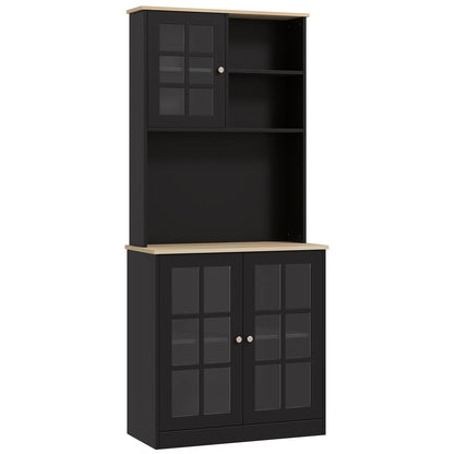 HOMCOM Kitchen Pantry Cabinet, 72" Freestanding Storage Cabinet with Hutch, Large Countertop, Glass Doors and Adjustable Shelves, Microwave Cabinet, Coffee Bar Cabinet for Dining Room, Black