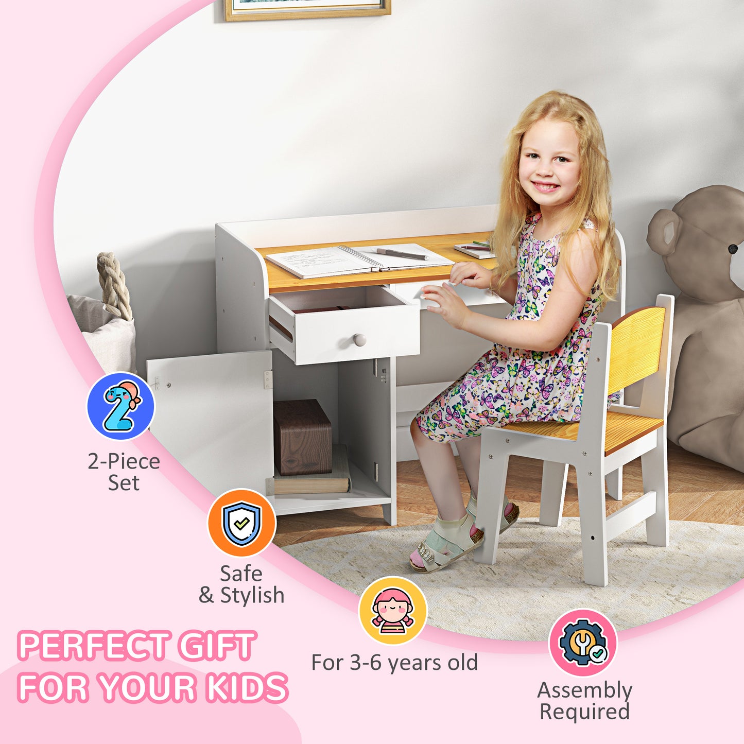 Qaba Kids Desk & Chair Set - White Storage Study Table