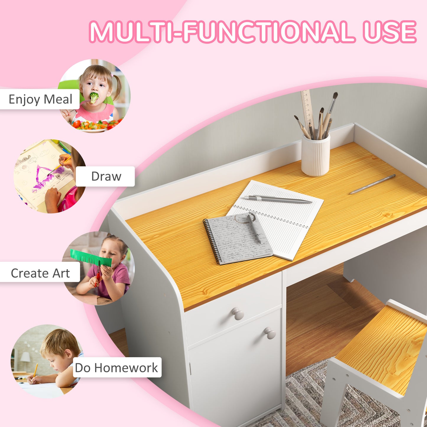 Qaba Kids Desk & Chair Set - White Storage Study Table