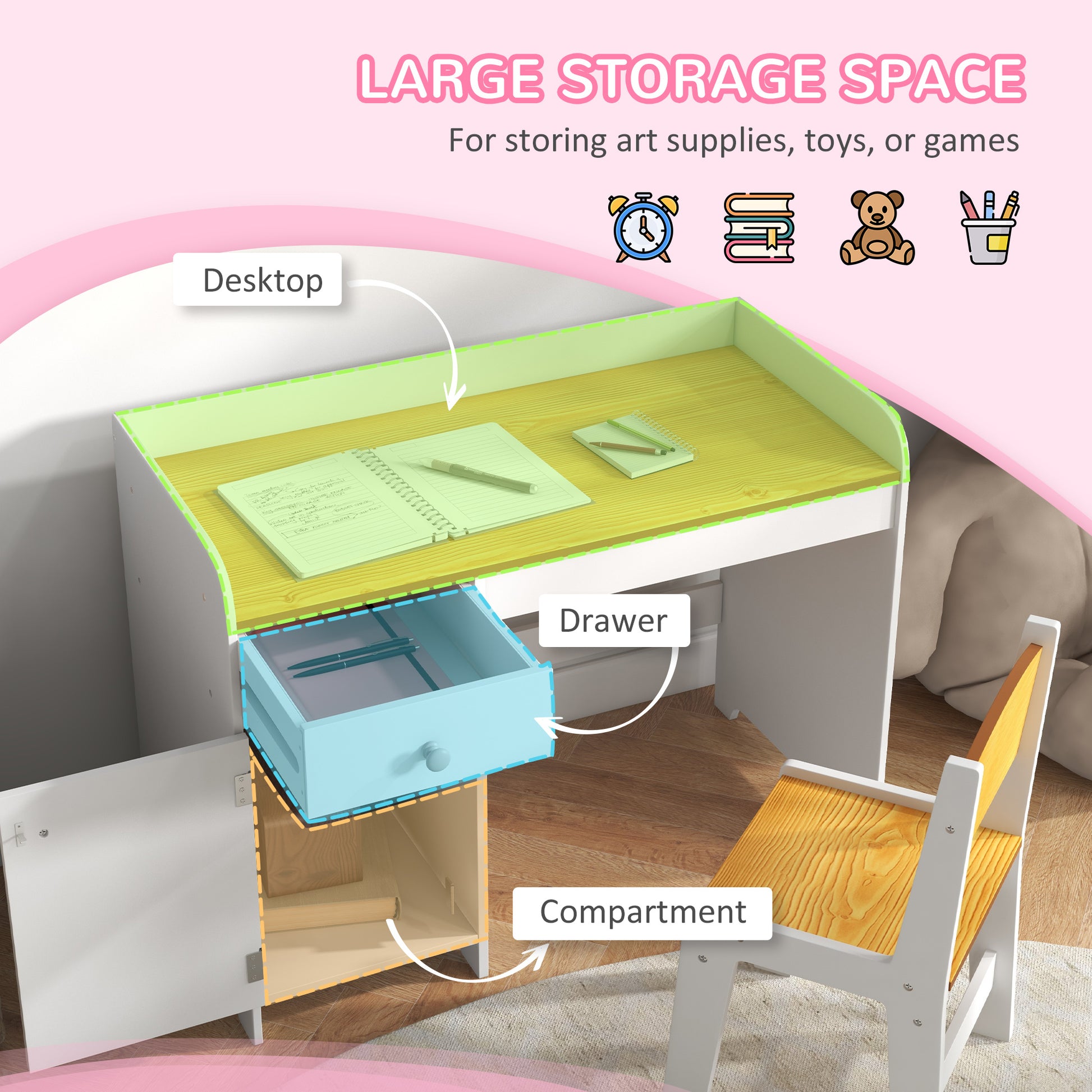 Qaba Kids Desk & Chair Set - White Storage Study Table