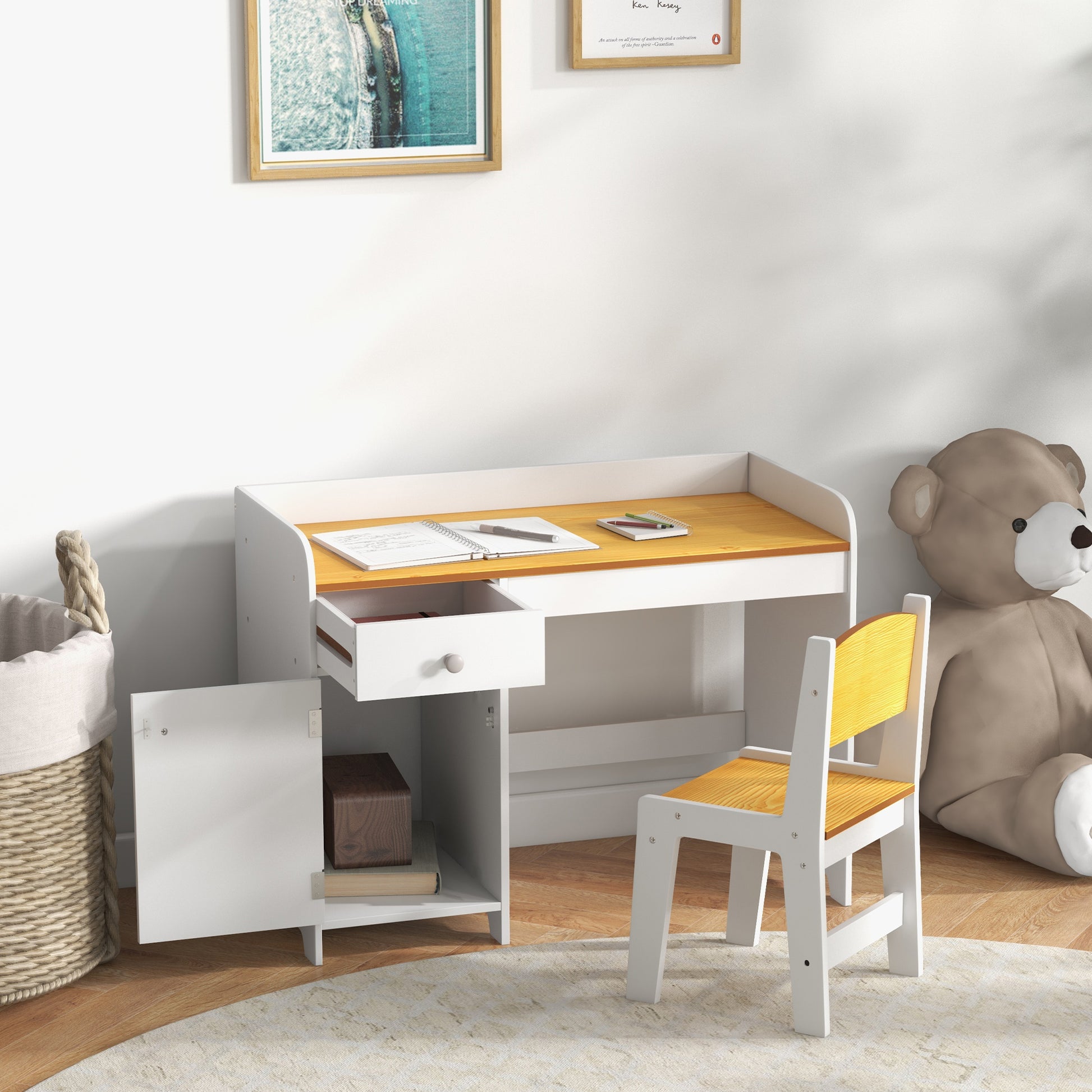 Qaba Kids Desk & Chair Set - White Storage Study Table