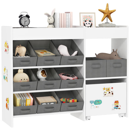 Qaba Toy Storage Organizer with 6 Shelves and 11 Fabric Bins, Moveable Cabinet and 3 Stickers, Toy Organizer for Nursery, Playroom, Bedroom, White